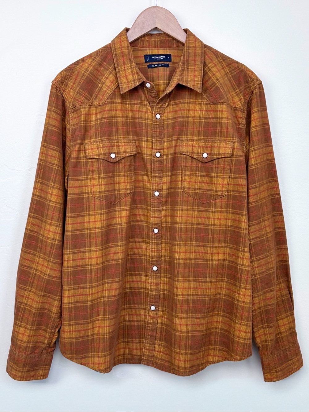 Lucky Brand Corduroy Autumn Plaid Long Sleeve Pearl Snap Collared Shirt LARGE